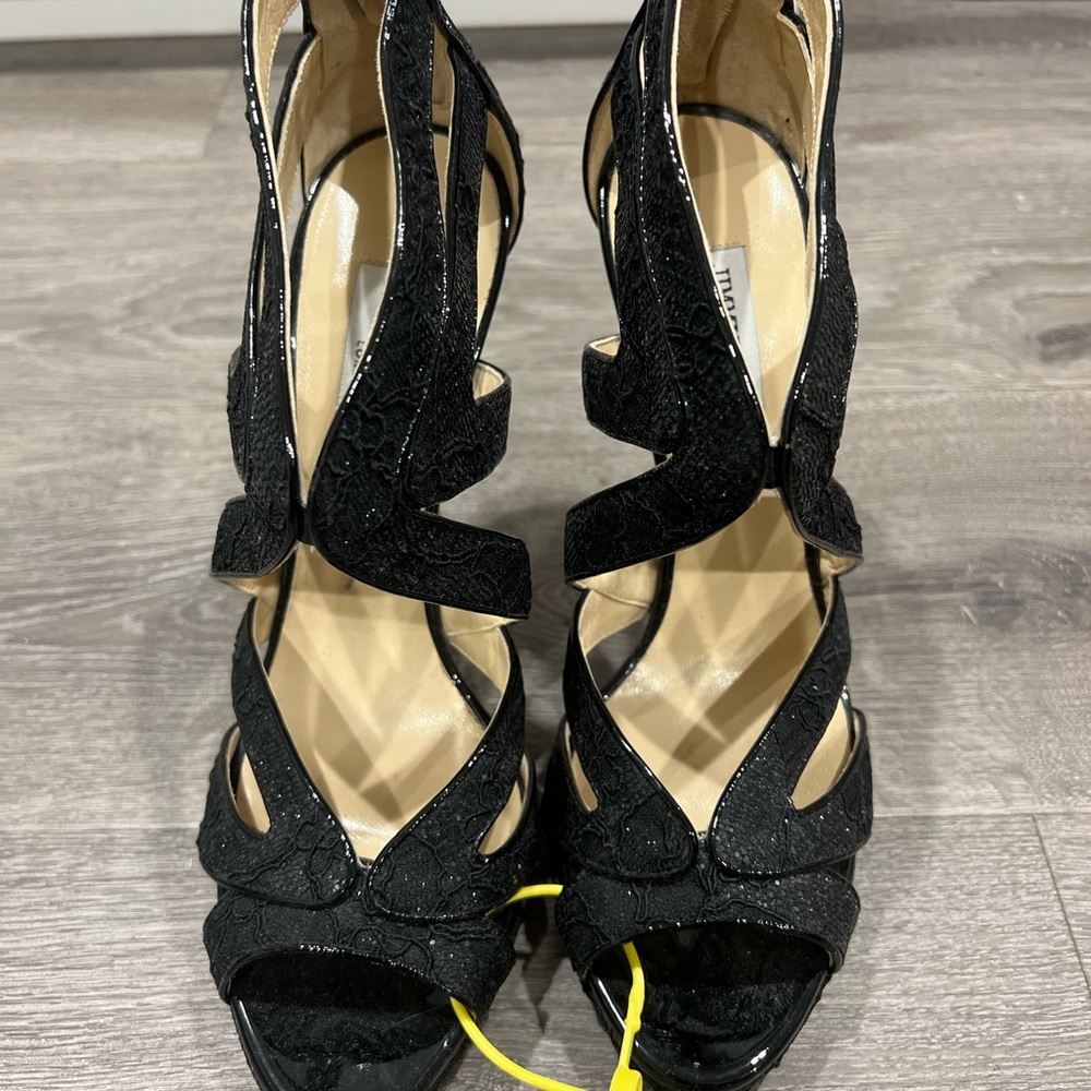 JIMMY CHOO Black Glitter Lace Cage Cut Out Heels Sandals Sz 40.5 - Picture 3 of 8